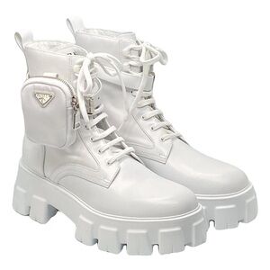 PRADA Monolith Brushed Leather & Re-Nylon Combat Boots 40  Removable Pouch $1750